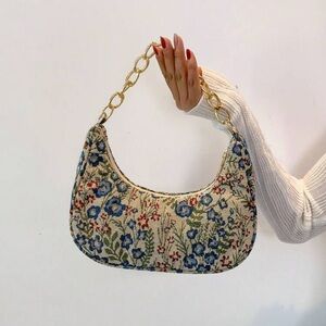 Veloura Cute Floral Canvas Shoulder Bag Gold Chain Crescent Mini Purse